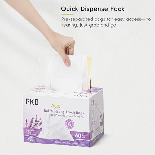 21 Gallon / 50-90 Liter, 60 Count Drawstring Trash Bags, Extra-Strong Garbage Bags, Lavender Scent with Continuous Odor Control, Easy-Dispense Roll for Kitchen and Household Use, Code G, White (60 Count (Pack of 1) / 21 Gallon Bags/Code G (Lavender))