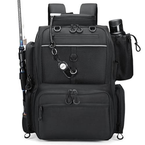 Fishing Tackle Backpack with Rod Holders (Black)