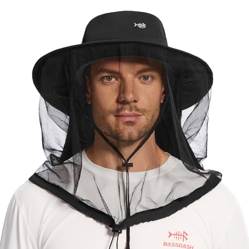UPF 50+ Mosquito Net Hat with Stowable Neck Flap for Men Women Outdoor Fishing Hiking Camping Gardening FH17 Black (Large / Black)