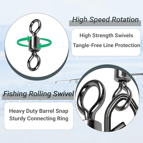 Stainless Steel Fishing Swivels Lure Tackle Clips Snap Swivels Strength Barrel Saltwater Swivel Fishing Rolling Black Nickel (Size 2+L (80lb) 50 pcs)