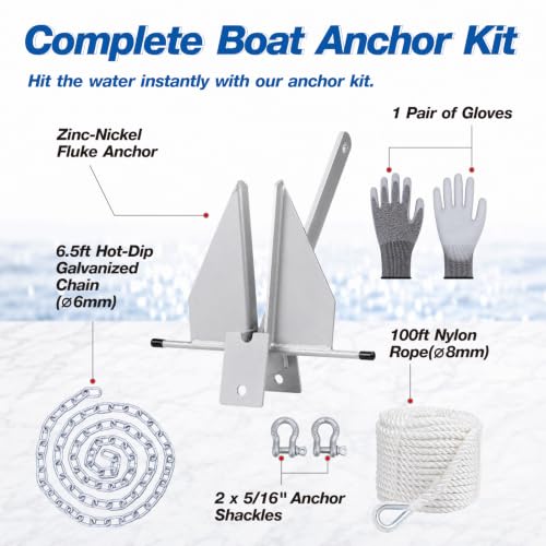 5.5/8/10/13/18 Zinc-Nickel Fluke Boat Anchor Kit, Danforth Anchor with Rope (5.5 lb (For Boat 8-18Ft))