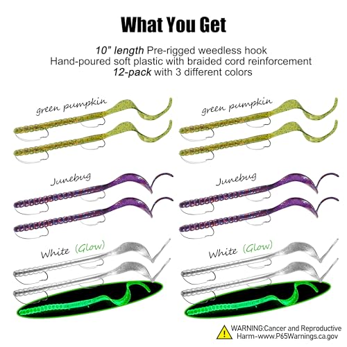 Weedless Fishing Lures Bass Lures (12 Pcs - Green Pumpkin, Junebug, Glow White)