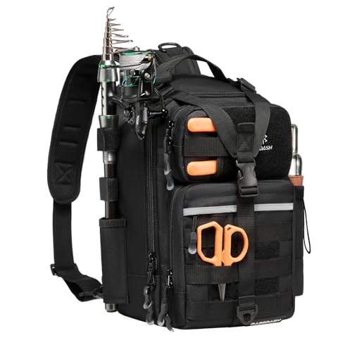 Convertible Fishing Backpack Sling Bag with Rod Holder (Black / Standard)