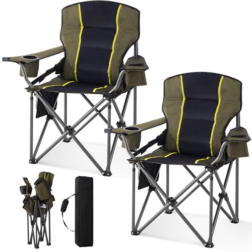 Portable Padded Camping Chair for Adults Heavy Duty 450LBS Thick 600D Oxford Fabric Outdoor Oversized Camping Chairs with Cup Holder and Ice Bag for Sports