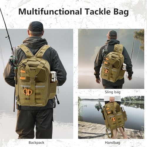 Convertible Fishing Backpack Sling Bag with Rod Holder (Brown Khaki / Large)