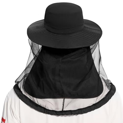 UPF 50+ Mosquito Net Hat with Stowable Neck Flap for Men Women Outdoor Fishing Hiking Camping Gardening FH17 Black (Large / Black)