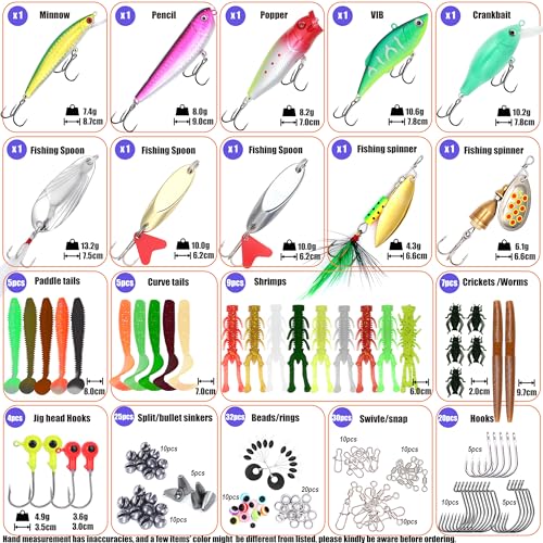 Fishing Gear Fishing Lures Kit 147Pcs Tackle Box Minnow Crankbait Spinnerbaits VIB Jigs Hooks Paddle swimbaits Spoon Jigs (Black-147pcs)