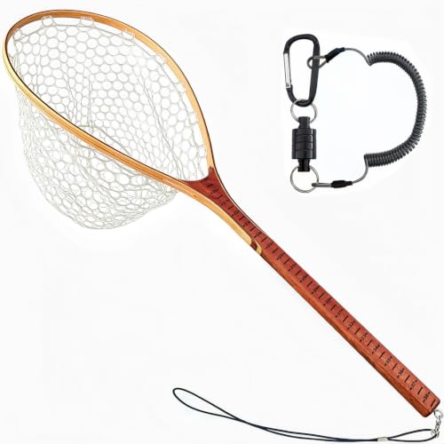 Fly Fishing Landing Net Trout Soft 23.62in Rubber Catch and Release Fish Net with Wooden Handle Frame Magnetic Fly Fish Net