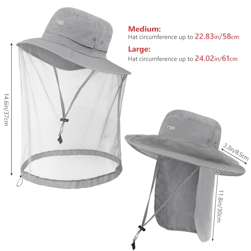 UPF 50+ Mosquito Net Hat with Stowable Neck Flap for Men Women Outdoor Fishing Hiking Camping Gardening FH17 Light Grey (Medium / Light Grey)