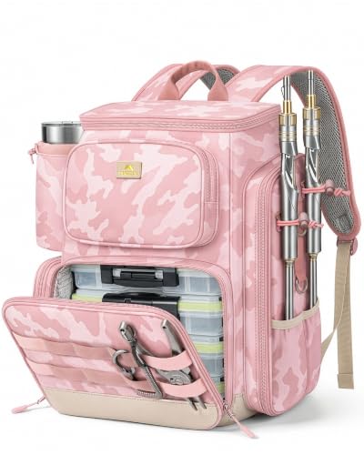 Pro Pink Fishing Backpack for Women with 4 Trays & Rod Holders (Pink Camouflage)