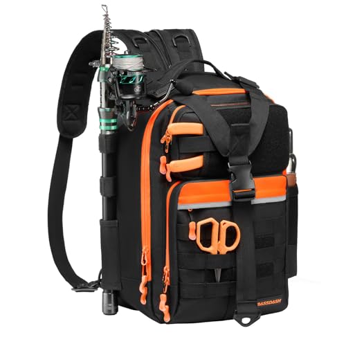 Convertible Fishing Backpack Sling Bag with Rod Holder (Black/Blaze Orange / Large)