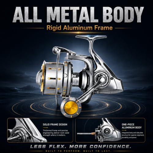Heavy Duty Spinning Reel Metal Body with CNC Machined Spool 55LB Max Drag 8+1 Bearings Ultra Smooth 4.6 (BP11000 / Large)