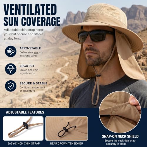 Men's Fishing Hat Sun Hat Boonie Hat UPF 50+ Wide Brim Outdoor Work Hat with Breathable Mesh & Chin Strap for Farm (Khaki)