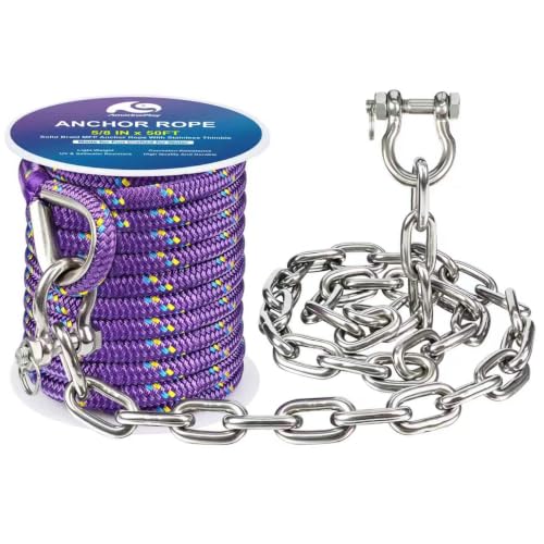 Boat Anchor Rope and Chain Kit (5/8 Inch 50 FT Rope with 5/16Inch 4FT Chain)