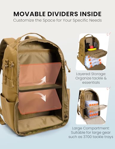 Tackle Backpack Fishing Bags with Rod Holder (Khaki)