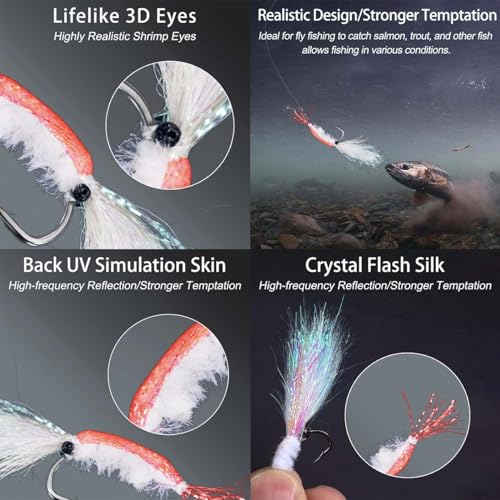 8Pc Bionics Crystal Flash Silk Shrimp Artificial Lures Fly Fishing Flies Saltwater Freshwater Bait Fishing for Bass Trout Salmon Hook Size #6 (Red)