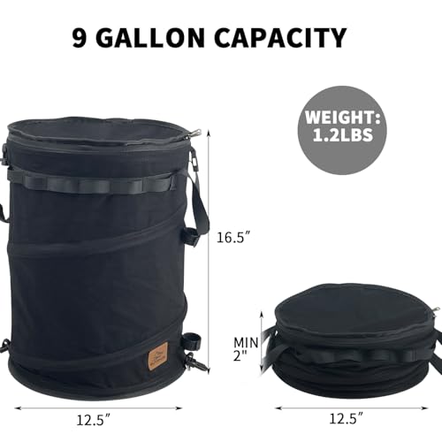 Pop Up Storage Bin Collapsible Trash Can Recycle Container Reusable Utility Bag with Zippered Lid for Camping (Black)