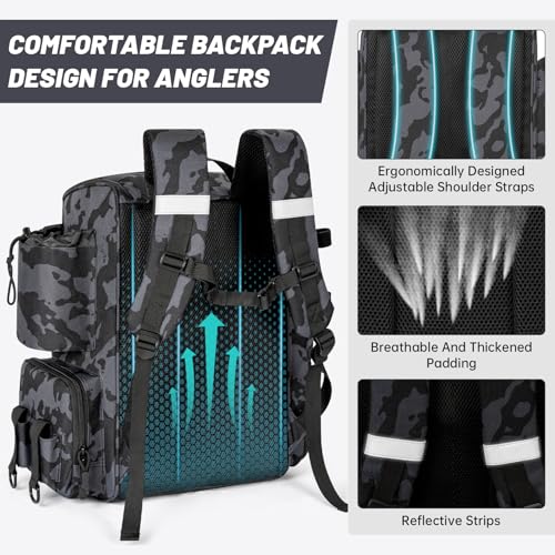 40L Tackle Fishing Backpack with 2 Rod Holders (Black Camo)