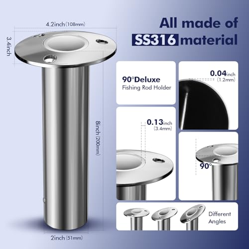 2Pcs Rod Holders for Fishing Boat (Silver - White Insert / 90 Degree without Cap)
