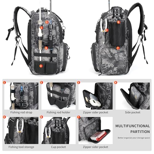 Fishing Tackle Backpack with Rod Holders (Camouflage Black)