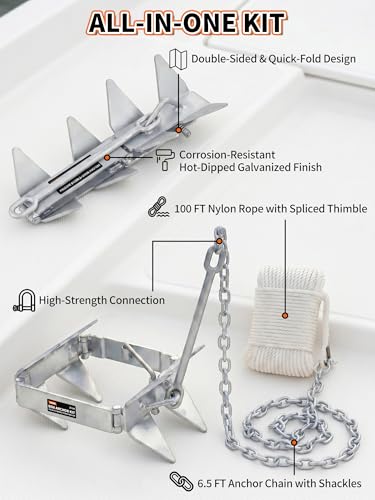 25 LB Box Anchor Kit with 100 FT Nylon Rope & Anchor Chain (25 LB - for Boats Up to 40 FT)