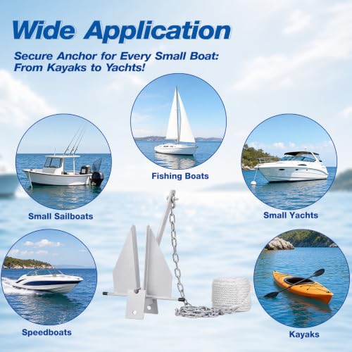 5.5/8/10/13/18 Zinc-Nickel Fluke Boat Anchor Kit, Danforth Anchor with Rope (8 lb (For Boat 12-22Ft))