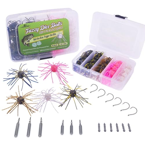 Fuzzy-Dice-Bass-Fishing-Lure-Kit-Soft-Plastic-Cube-Baits with Wacky Hooks & Nail Weights,Drop Shot Weights - Finesse Rig for Smallmouth & Largemouth Bass, FFS Optimized
