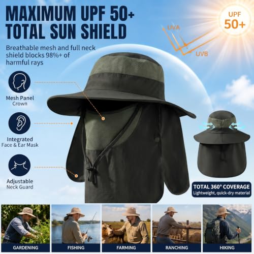 Men's Fishing Hat Sun Hat 2 Pack Boonie Hats UPF 50+ Wide Brim Outdoor Work Hats with Breathable Mesh & Chin Strap for Farming (Green+blue)