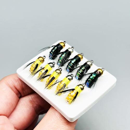 10Pc Fishing Lure #8 Bright Colors Brasshead Bionics Humpy Fly Nymph Wet Flies Insect Bait Pike Trout Salmon Bass Fly Fishing Flies (Yellow&Black)