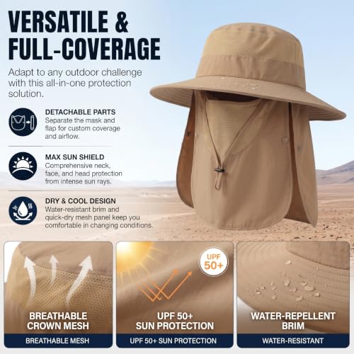 Men's Fishing Hat Sun Hat 2 Pack Boonie Hats UPF 50+ Wide Brim Outdoor Work Hats with Breathable Mesh & Chin Strap for Farming (Black+khaki)