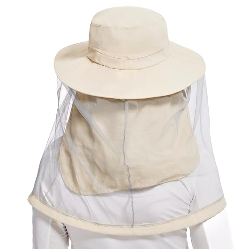 UPF 50+ Mosquito Net Hat with Stowable Neck Flap for Men Women Outdoor Fishing Hiking Camping Gardening FH17 Beige (Medium / Beige)