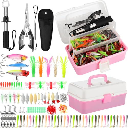3 Layers Fishing Tackle Box 414 Pcs Fishing Gift Lures Gear Kit with Tackle Included Pliers Lip Gripper Bait Hook Accessories for Beginner Fisherman Women Men