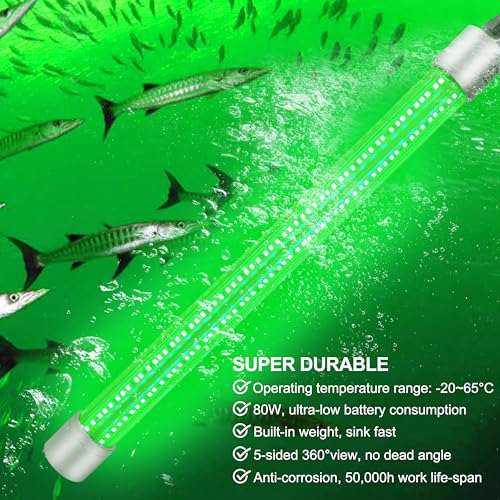Underwater Green Fishing Light Super Bright 80W 40000 Lumens 12V LED Deep Drop Night Fishing Light Submersible Fishing Bait Finder Shrimping Lights for Snook Crappie Shrimp Squid Fish (20ft Wire)