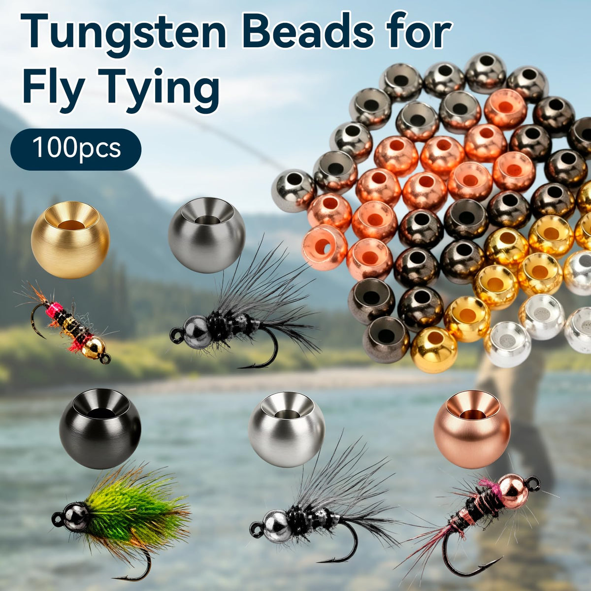 100pcs Fly Tying Tungsten Beads Nymph Tungsten Bead Heads for Jig Flies (100PCS MIX / 5.5MM)