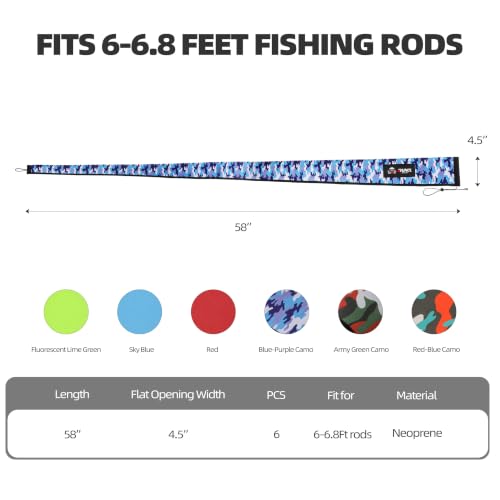 Neoprene Fishing Rod Sleeves with Adjustable Lanyard & Hanging Loop (58in,6pcs)