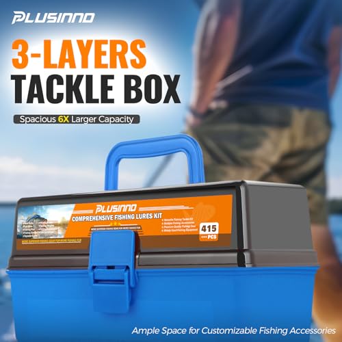 Large 3 Layers Fishing Tackle Box Lures Kit with Tackle Included (Blue)
