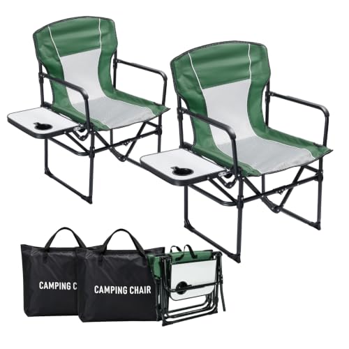 2 Pack Camping Chairs with Side Table & Cup Holder 400 lbs (Green)