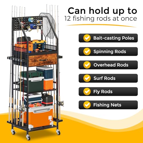 Fishing Rod Holder Organizer with Fabric Drawer & Pegboard (Single Row / Modern)