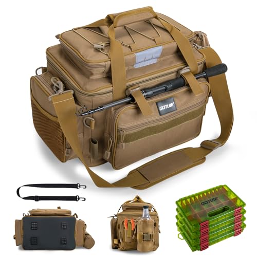 Fishing Tackle Bag with 4PCS 3600 Tackle Boxes (C2:Khaki with 4 3600 Tackle Boxes / Large)