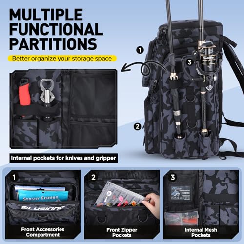 Fishing Tackle Backpack with Rod Holders (Black Camo（4 Tackle Boxes Included）)