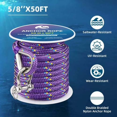 Boat Anchor Rope and Chain Kit (5/8 Inch 50 FT Rope with 5/16Inch 4FT Chain)
