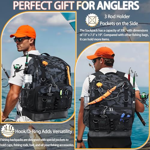 Fishing Backpack with Rod Holder (Black Camo)