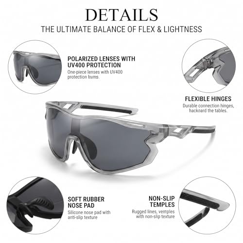 Polarized Sports Sunglasses for Men Women with UV400 Protection for Baseball Cycling Running Driving TR90 Frame (Grey Frame - Silver Mirror Lens)