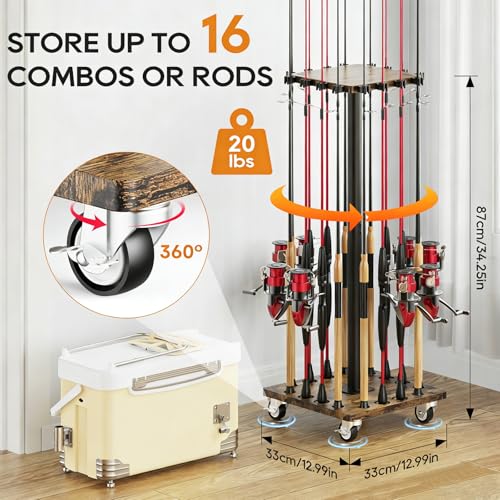 Fishing Rod Holders for Garage 360° Rotating Fishing Pole Rack (Brown)