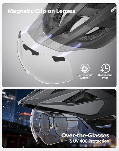 Adult Bike Helmet Rear Light & OTG Magnetic Goggles for Men Women (Clear / Large)