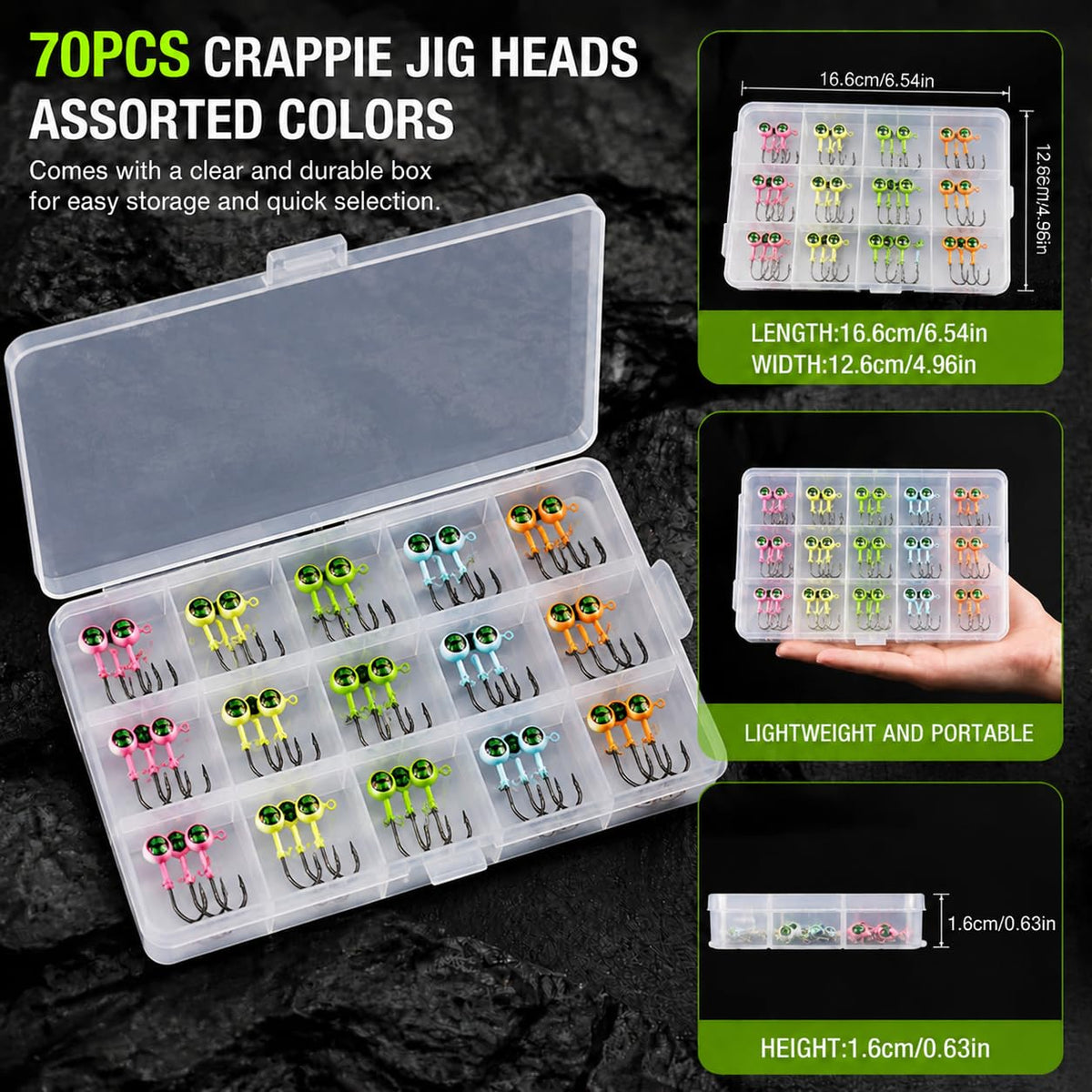 Jig Heads Fishing Hooks Kit with 3D Eyes Multi Size for Bass Panfish Lures (70pcs-1/32oz,1/16oz,1/8oz,3/16oz)