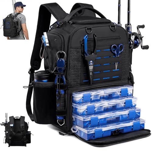 Fishing Tackle Backpack with 2 rod holders & 4 Tackle Boxes (Black（4 Tackle Boxes Included）)