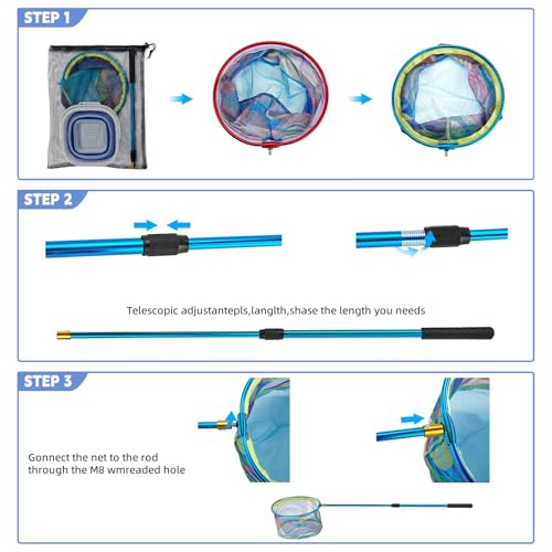 2PCS Telescoping Kids Fishing Net with Handle and Collapsible Bucket Kits (Blue & Red)
