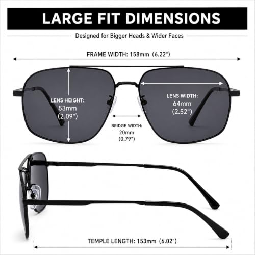 XXL Aviator Polarized Sunglasses 158mm Extra Wide Men