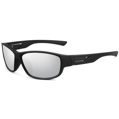 Sports Sunglasses for Men Women Polarized Classic Wrap Around Driving Cycling Golf Fishing Sun Glasses UV Protection 1 (1-black/Silver Mirror Lens)